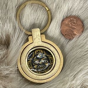 Gold key ring with Mayan-stylized design that also holds photos